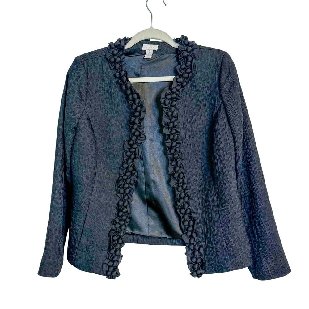 Chico's Black Leopard Print Rosette Trim Jacket 0